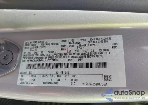 2020 Ford Escape Se z USA, uszkodzony, nr VIN 1FMCU9G64LUC57090